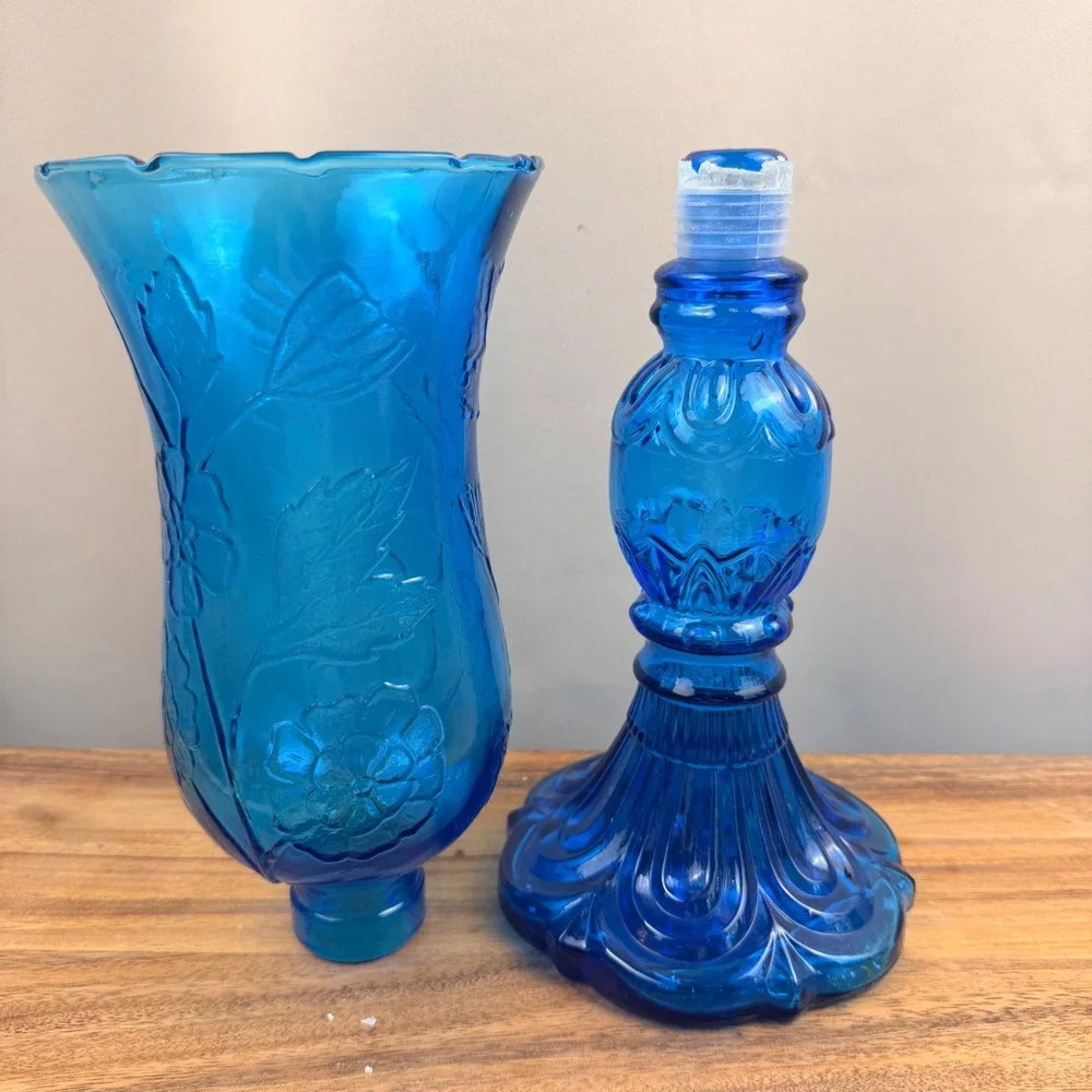 Vintage Blue Glass Hurricane Candle Holder Floral Embossed 2 Piece 18.5 Inch